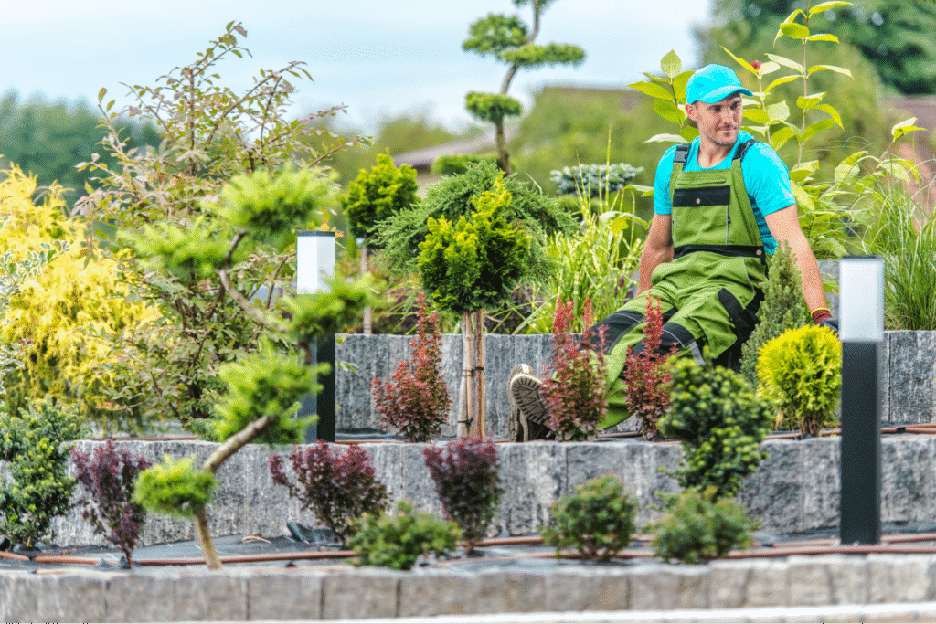 Gardener tending to beautiful greenery in a serene landscape setting.