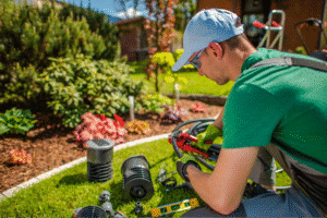 Gardening tools in use for maintaining a vibrant green space.